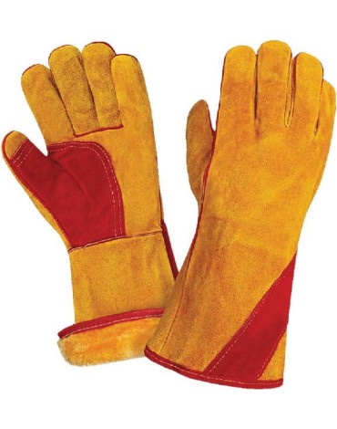 Краги спилковые утепленные (искусственный мех) желтые с красным усилением нить Кевлар (тип СИБИРЬ)