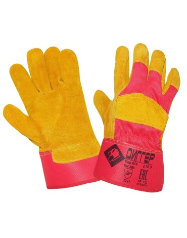 Перчатки спилковые комбинированные ДИГГЕР, желтый/красный, ПЕР610