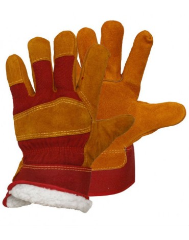 Перчатки спилковые комбинированные утепленные (искусственный мех) желтые с красным