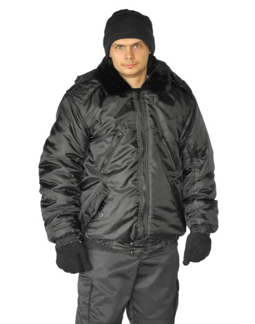 Куртка мужская на поясе "Охрана" зимняя черная (с капюшоном)