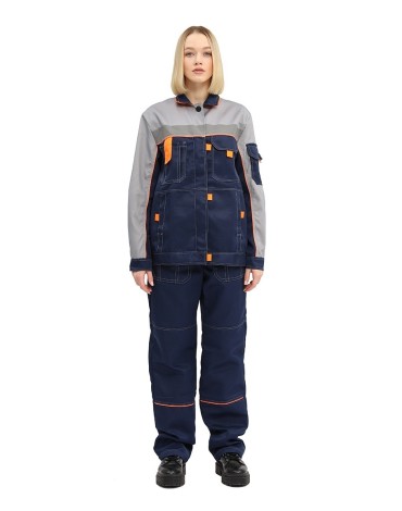 Костюм женский "РОЛЬФ" куртка/брюки, цвет: т.синий/св.серый/оранж